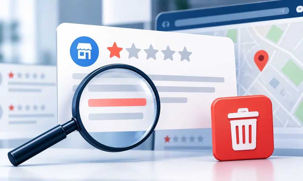 Illustration d’un avis Google négatif examiné à la loupe avant une éventuelle suppression
