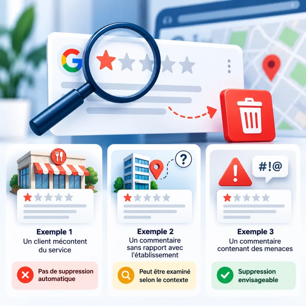 Illustration de trois situations d’avis Google négatifs et de leur possibilité de suppression