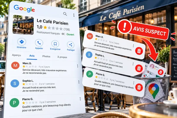 Exemple d’avis Google suspect sur la fiche d’un restaurant français