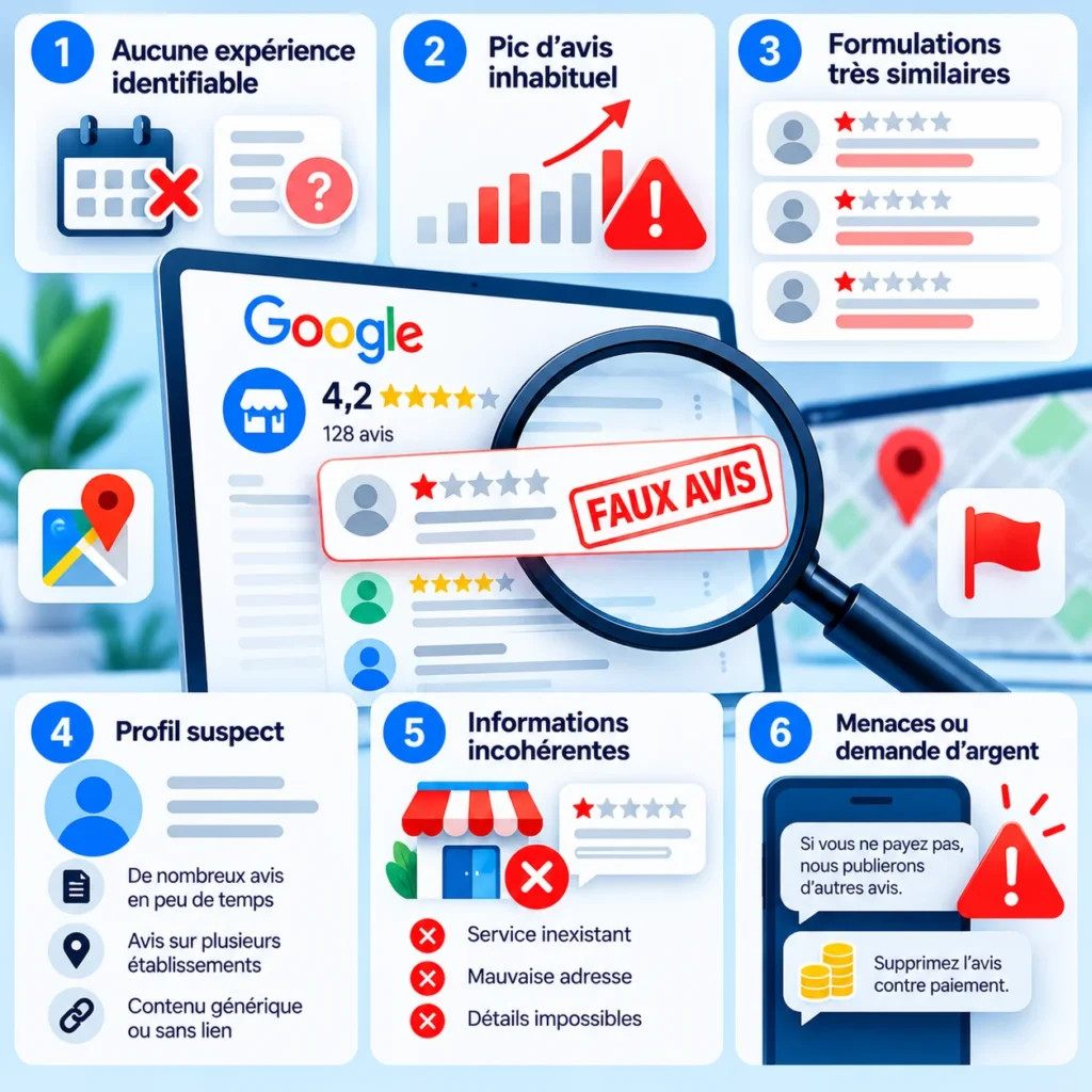 Infographie présentant six signes pour reconnaître un faux avis Google
