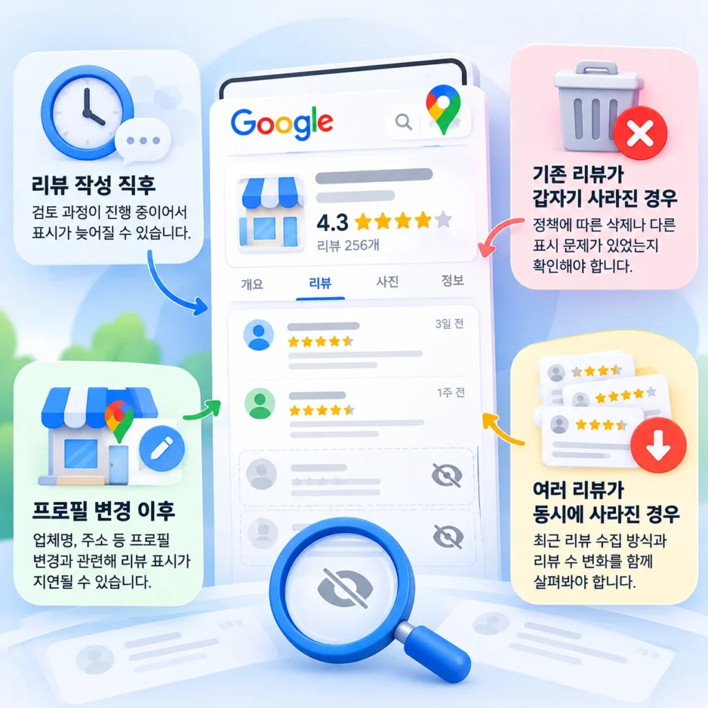 구글 리뷰가 표시되지 않는 원인과 정상적인 고객 리뷰의 표시 지연