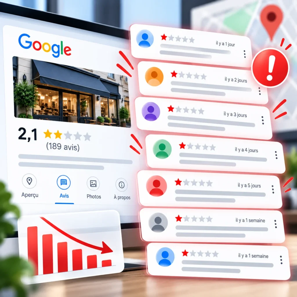 Plusieurs avis Google problématiques apparaissent sur une fiche d’établissement