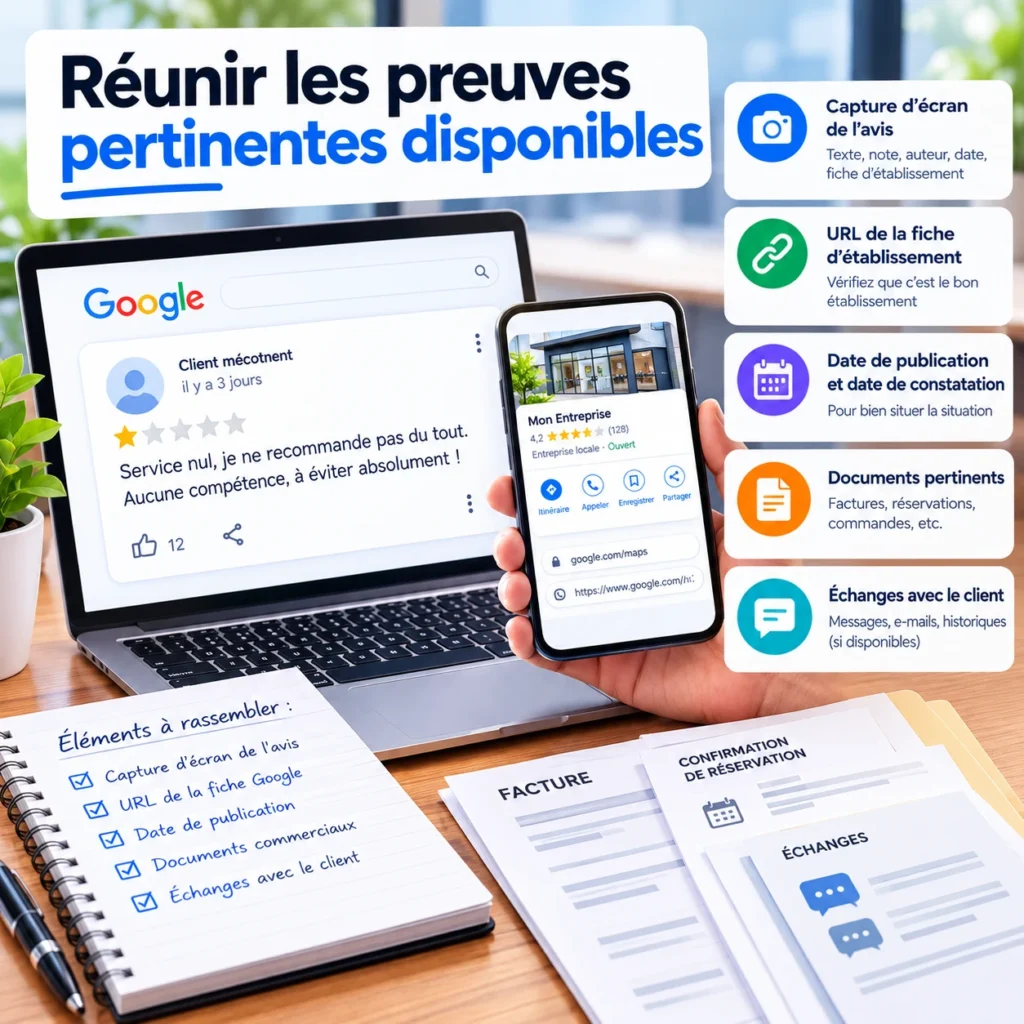 Réunir les preuves pertinentes disponibles avant de signaler un avis Google