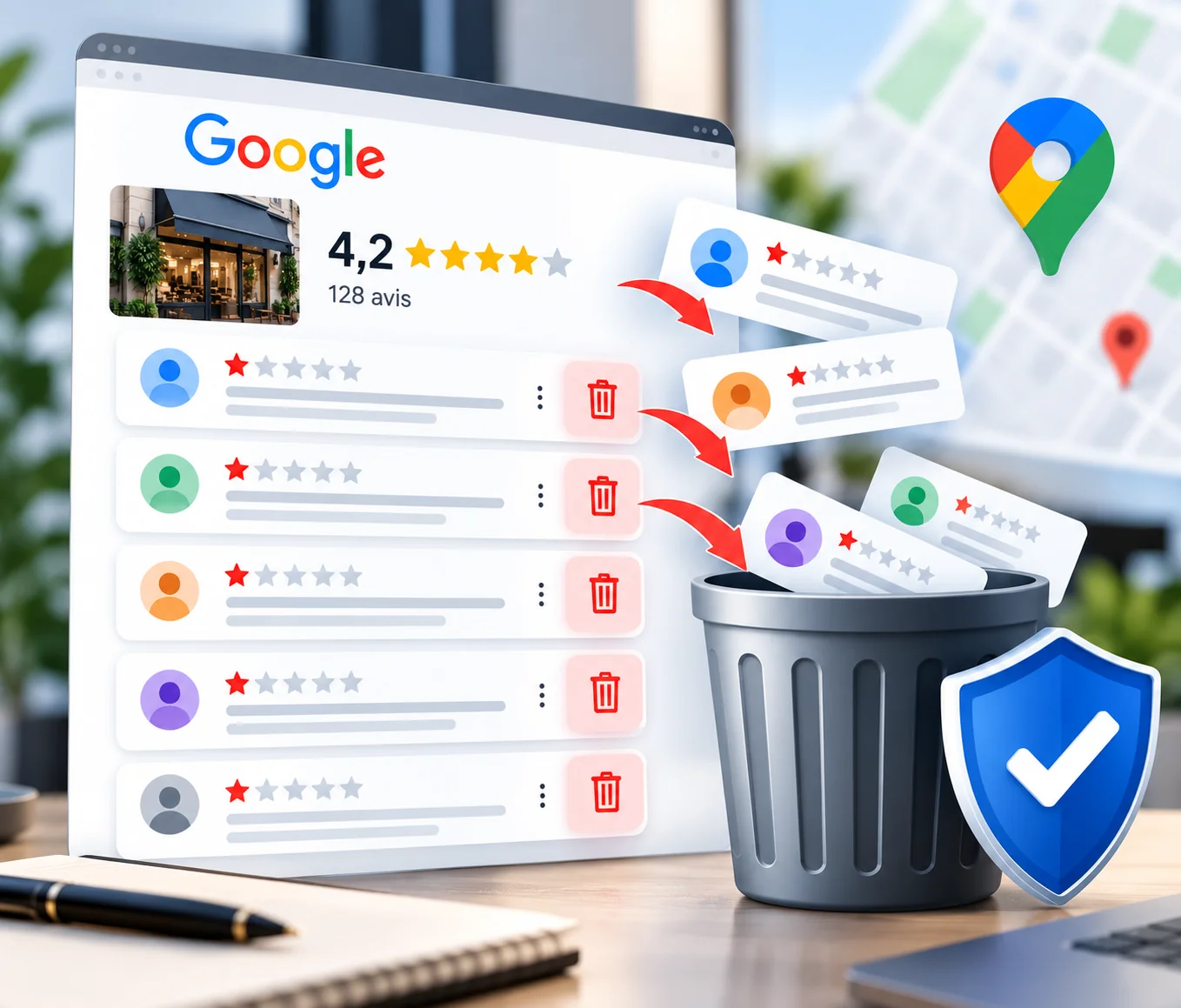 Service spécialisé dans la suppression d’avis Google avec analyse des avis et protection de la réputation en ligne