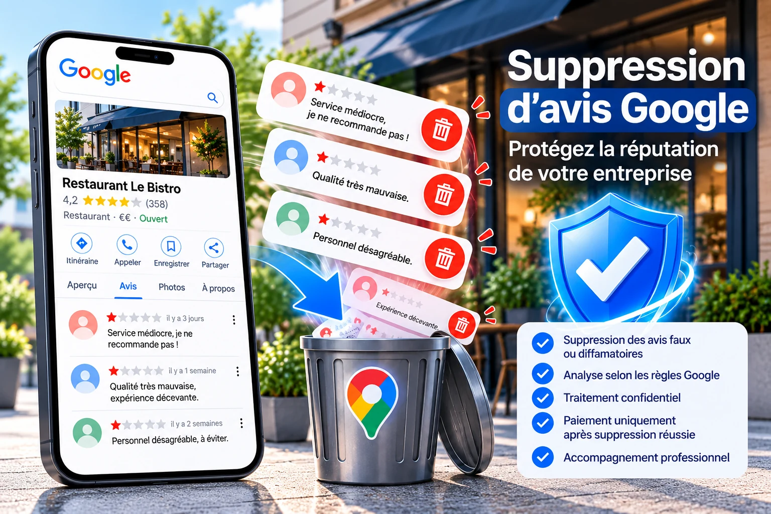 Illustration du service de suppression d’avis Google avec des avis négatifs et un bouclier de protection